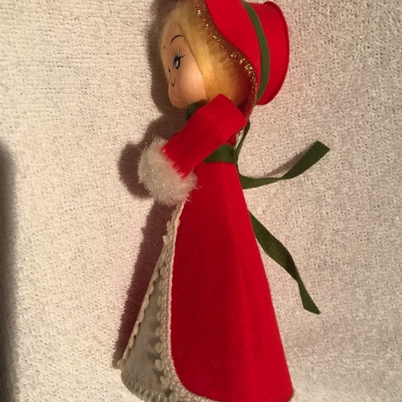 Vintage Rene D Lyon Christmas Caroler Tree Topper Red Felt - Picture 3 of 7